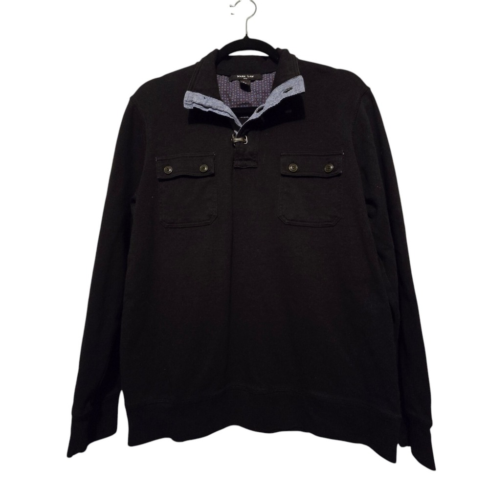 Mark Law Luxury Mens Henley Pullover Sweatshirt M Black Buckles‎ Pockets Classic